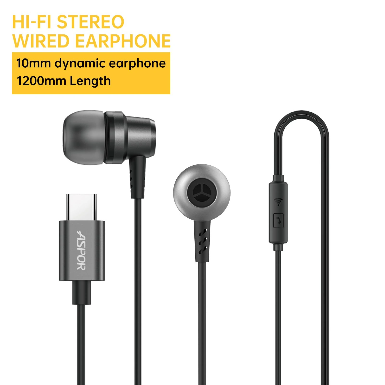 Type-C Wired Headphones in-Ear Stereo Earbuds with Mic for Mobile Phone