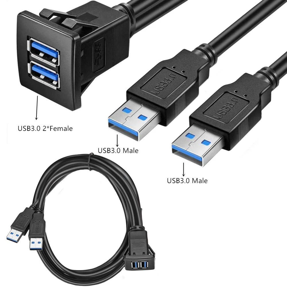 Waterproof Dual USB 3.0 Extension Latch Mount Car Aux Cable for Dashboard Panel