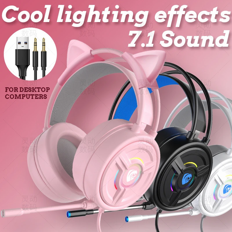 Wholesale OEM Cat Ear Pink Wired RGB Computer USB Gaming Headphone Headset with Microphone for PC