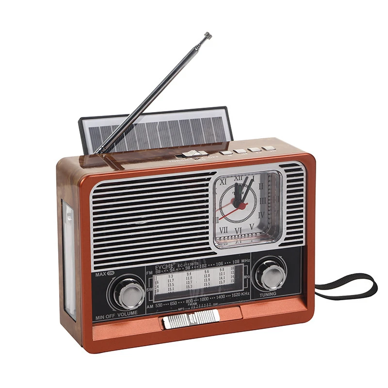 Wholesale Vintage Shortwave Radio Multifunctional Am FM Sw Band Clock Flashlight Function Retro Wireless Solar Bluetooth Portable Mini Clock Speaker