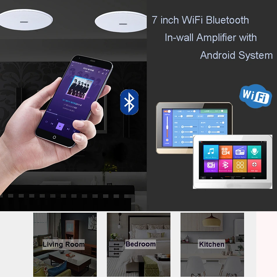 WiFi Network Bluetooth Amplifier Android Home Audio Background Music Player Wireless with 7 Inch Touch Screen, USB, TF, FM Radio