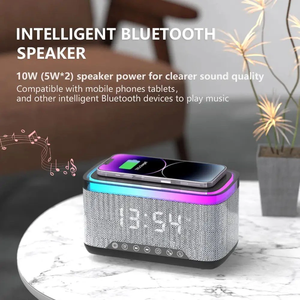 Wireless Charger LED Atmosphere Lamp Bt Wireless Speaker Night Light Alarm Clock-Fast Charging 7W/10W Output Power for Bedroom