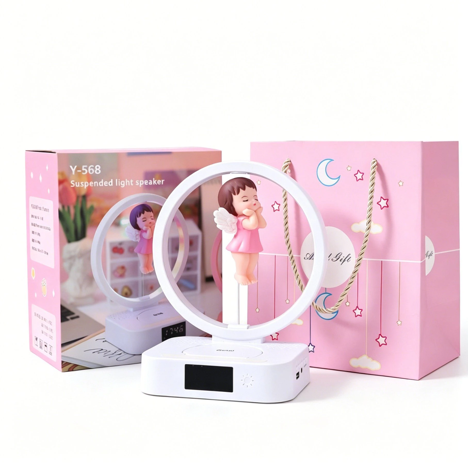 Wireless Charging Night Light Bluetooth Speaker with Floating Angel Clock Alarm for Home