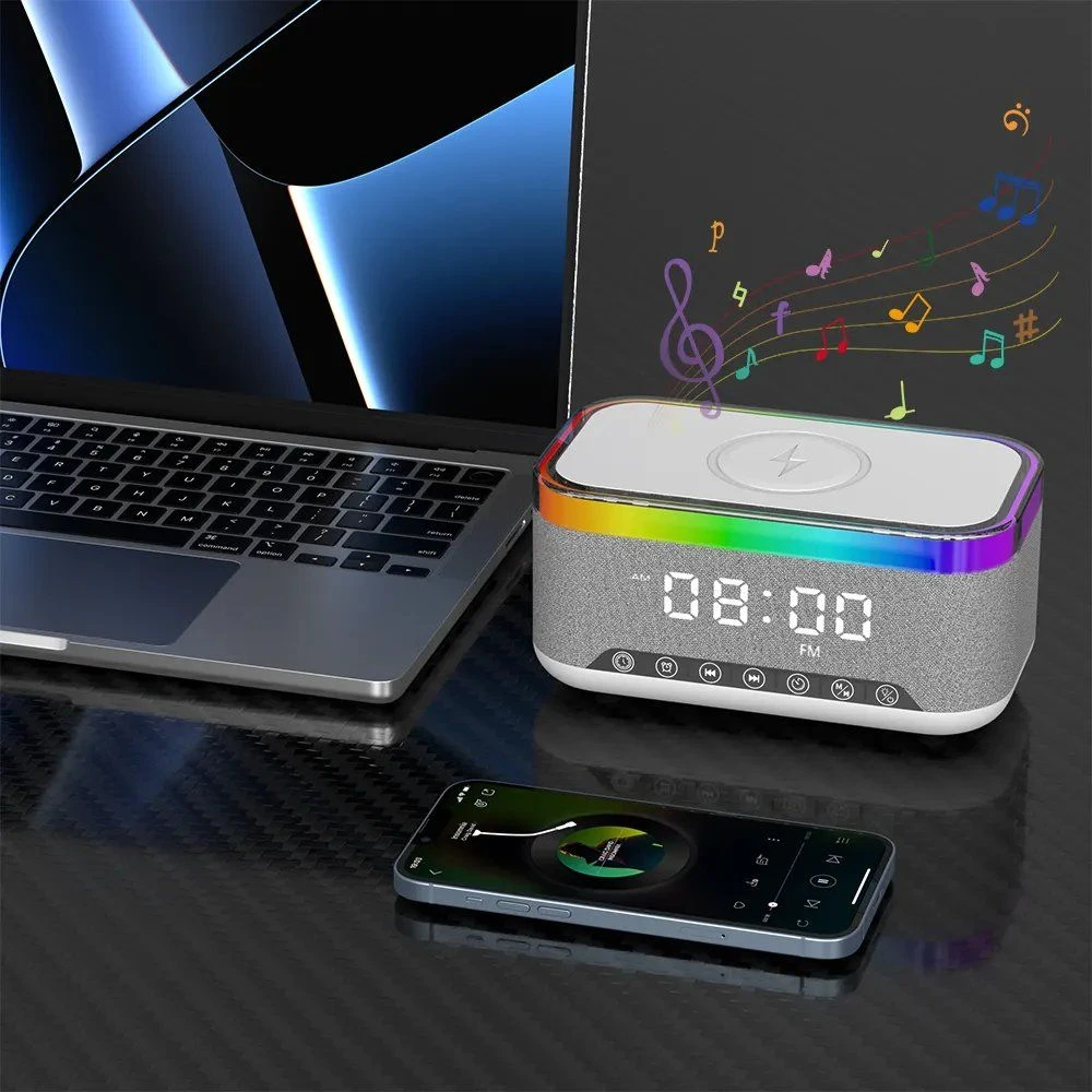 Wireless Charging Speaker Mini Portable Night Light Clock RGB LED Lighting 10W Output Power for 5.3 Woofer Home Theater