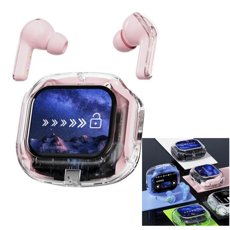Wireless in-Ear Headphones Pink Tws Earbuds with LCD Touch Screen