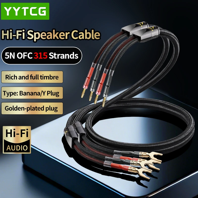 YYTCG 5N OFC Hi-Fi Speaker Cable 315-Strand Low-Loss Wire with Gold-Plated Banana/Y Plugs for Amplifier & Passive Speaker