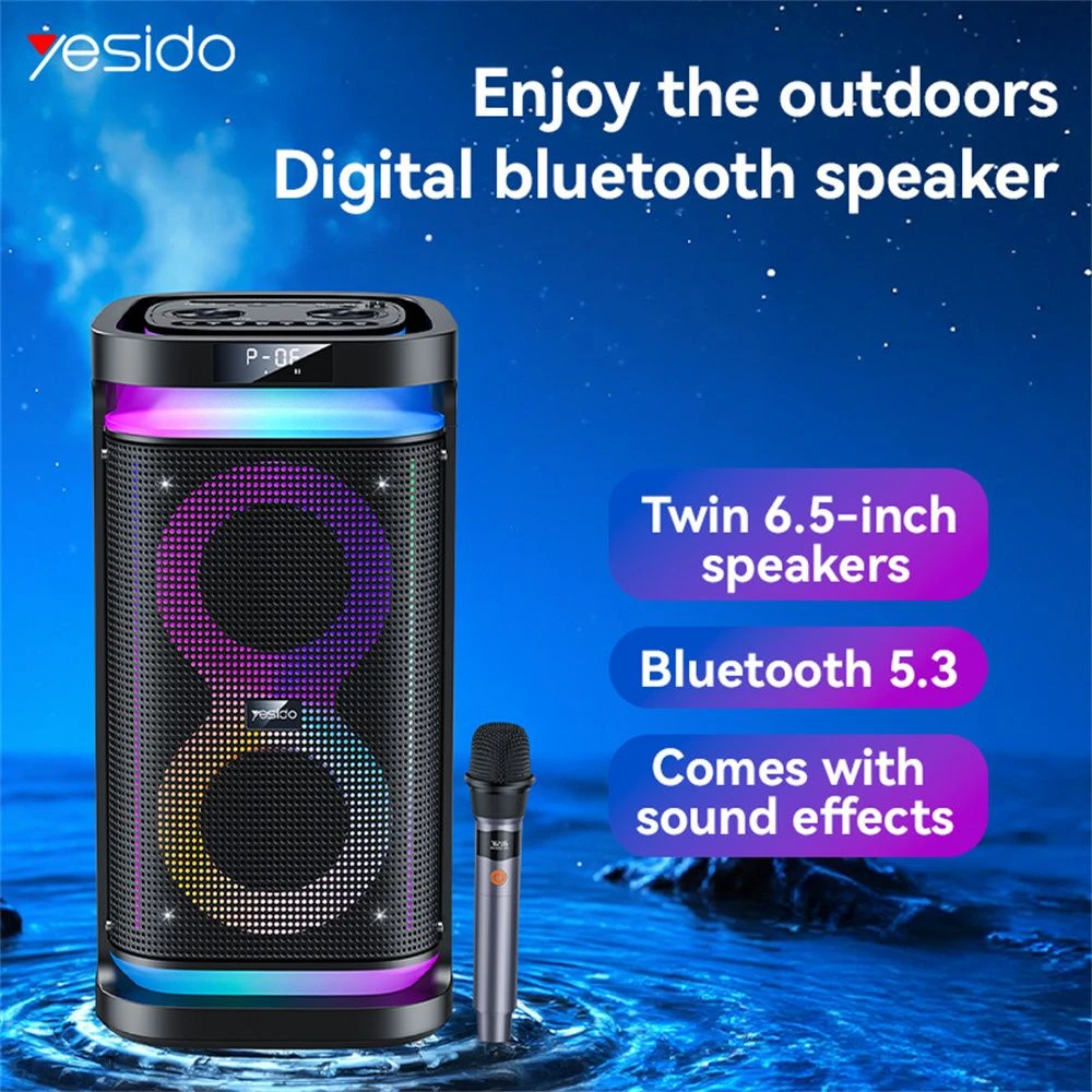 Yesido Ysw29 RGB Bluetooth Karaoke Speaker, 60W Portable Party Sound System with Ambient Lights, Digital Display & Wireless Mics for Indoor/Outdoor Entertainmen