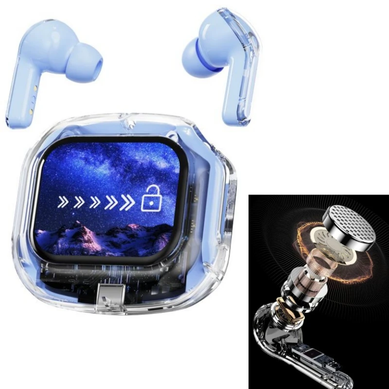 in-Ear Headphones Blue LCD Touch Screen Wireless Bluetooth Earbuds