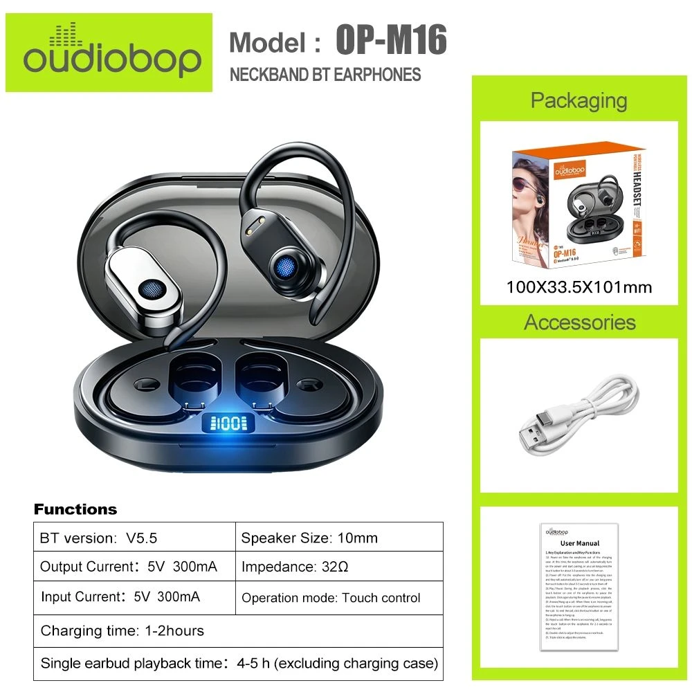 oudiobop OP-M16 TWS In-ear Bluetooth Earbuds, HiFi Stereo Wireless Earphones with LED Power Display, ENC Call Noise Reduction