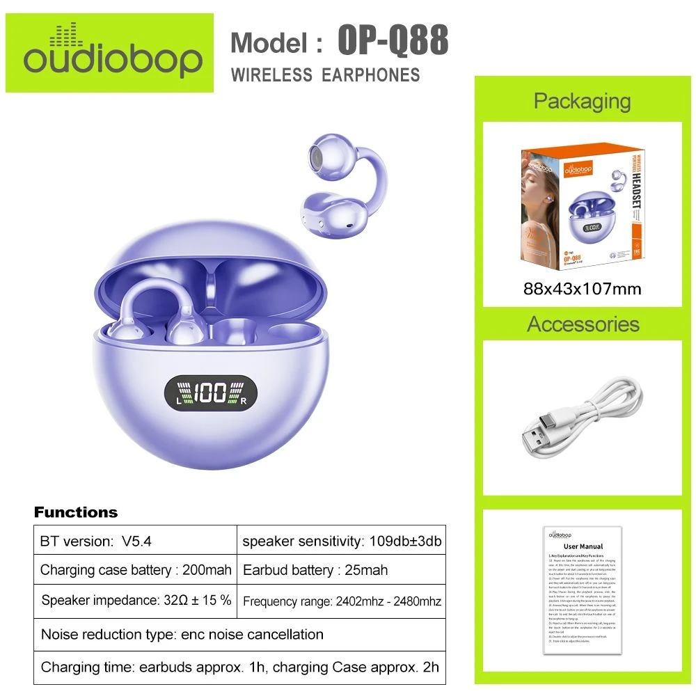 oudiobop OP-Q88 TWS In-ear Bluetooth Earbuds, HiFi Stereo Wireless Earphones with LED Power Display, ENC Call Noise Reduction