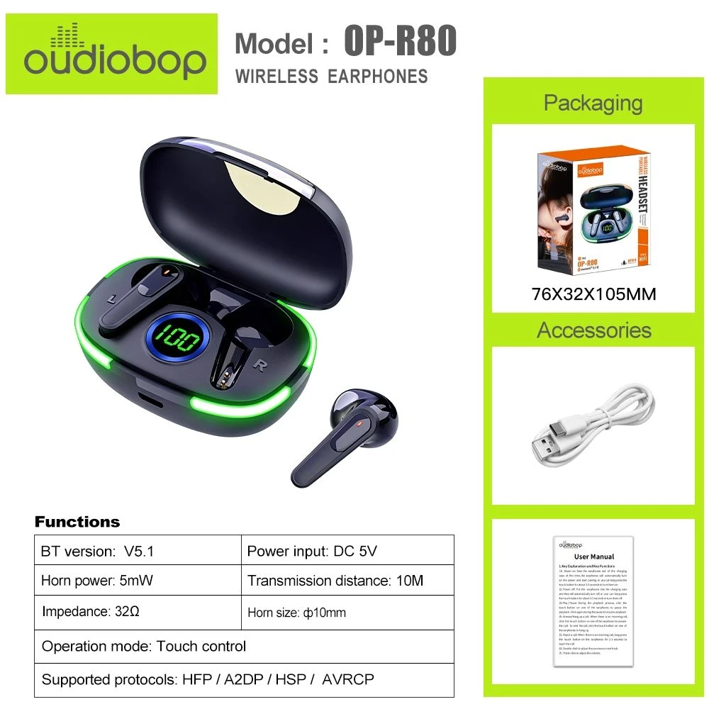 oudiobop OP-R80 TWS In-ear Bluetooth Earbuds, HiFi Stereo Wireless Earphones with LED Power Display, ENC Call Noise Reduction